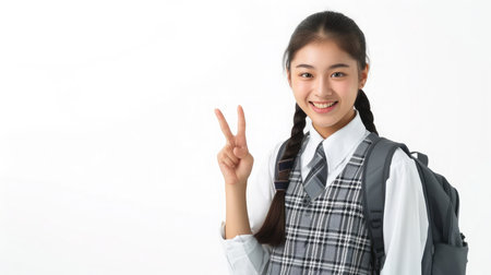Happy pretty Asian student girl in school uniform pointing finger up isolated on white background.の素材