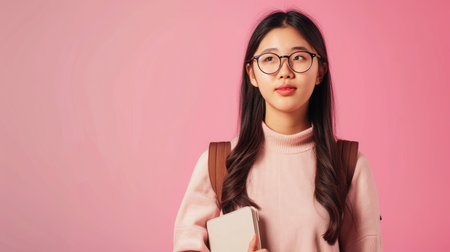 young Asian college student on pink backgroundの素材