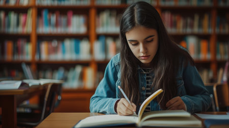 Photo for High school student taking notes from book for her study. Young woman sitting at desk and finding information in college library. - Royalty Free Image