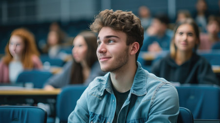 Male student sitting in university classroom looking away and smiling. Man sitting in lecture in high school classroom.の素材