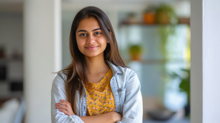 Head shot portrait smart confident smiling millennial indian woman standing with folded arms at home.の素材