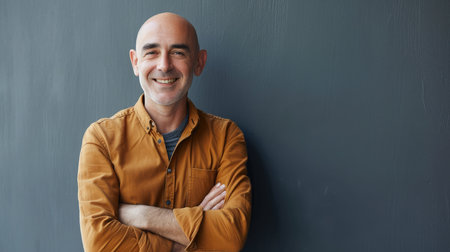 Minimal waist up portrait of mature bald man smiling at camera while standing confidently with arms crossed, copy spaceの素材