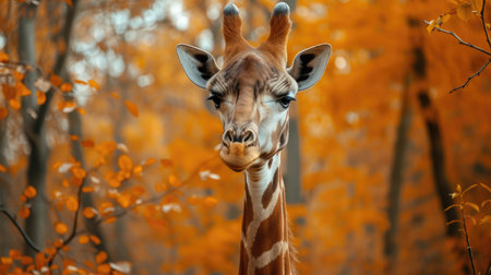 Portrait of a giraffe on a background of autumn forest.の素材