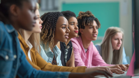 Lecturer Helps Scholar with Project, Advising on Their Work. Teacher Giving Lesson to Diverse Multiethnic Group of Female and Male Students in College Roomの素材