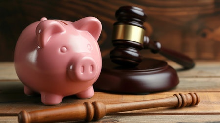 Piggy bank with judge gavel and money on brown wooden background. Concept of bankruptcyの素材