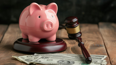 Piggy bank with judge gavel and money on brown wooden background. Concept of bankruptcyの素材