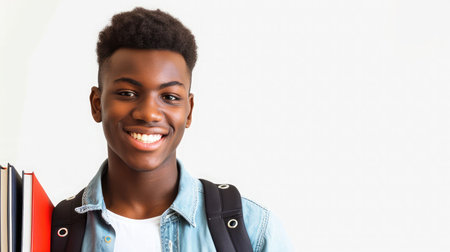 Portrait of smiling young college student with books and backpack against white backgroudの素材