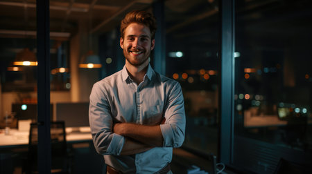 Portrait of a smiling young businessman standing alone in a dark office while working lateの素材