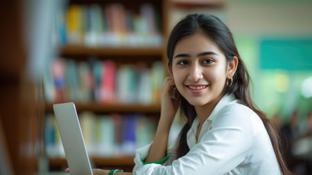 Portrait of a beautiful, young and intelligent-looking Indian Asian woman student wearing a white shirtの素材
