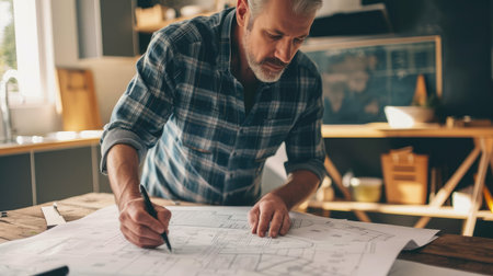 Professional designer planning interior renovation of kitchen in home improvement projectの素材