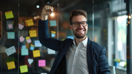 Portrait of a successful businessman near a glass board with tasks, the man fulfilled his plan on timeの素材