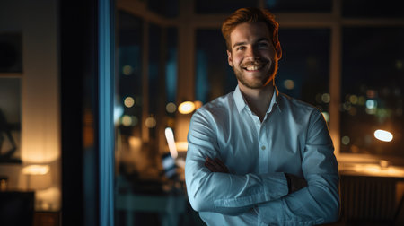 Portrait of a smiling young businessman standing alone in a dark office while working lateの素材
