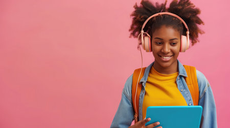 Positive African American teen student with backpack, tablet pc and headphones studying online on pink studio background, banner with free space.の素材