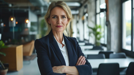 Portrait of a professional woman in a suit standing in a modern office.の素材