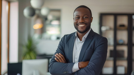 Portrait of smiling african businessman standing in office with crossing handsの素材