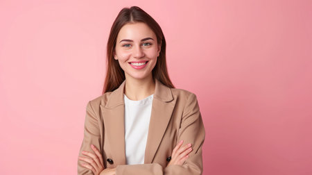 Young satisfied smiling happy fun cheerful successful european employee business woman 30s she wearing casual classic jacket look camera isolatedの素材