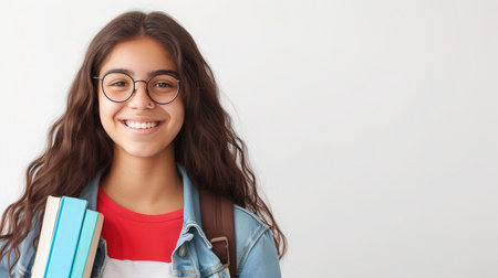 Portrait of smiling young college student with books and backpack against white backgroudの素材