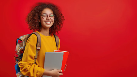 Young curly student woman wearing backpack glasses holding books and tablet over isolated red background.の素材