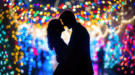 The enchanting silhouette of a couple in love set against the dazzling display of holiday lightsの素材