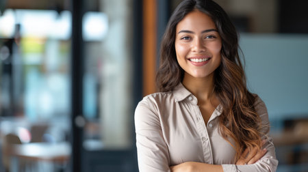 Portrait of smiling young multiethnic woman looking at camera with crossed arms. Successful latin business woman standingの素材