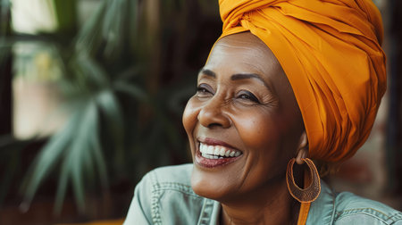 Smiling middle aged african american woman with orange headscarf. Beautiful black woman in casual clothing with traditional turban at home laughing.の素材
