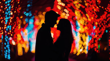 The enchanting silhouette of a couple in love set against the dazzling display of holiday lightsの素材