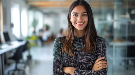 Portrait of smiling young multiethnic woman looking at camera with crossed arms. Successful latin business woman standingの素材