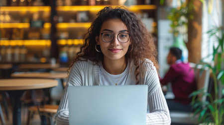 Young student wearing eyeglasses holding laptop at cafeの素材