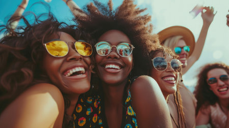 multiracial friends has a great time at the roof nightclub in the summertime.の素材