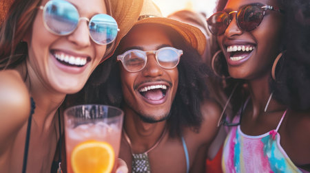 multiracial friends has a great time at the roof nightclub in the summertime.の素材