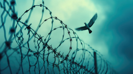 Abstract Barrier wire fence refugee Twilight sky. Deliverance Broke spike change bird boundary human rights slave prison jail break hope freedom justice social liberty day world war emancipation winの素材