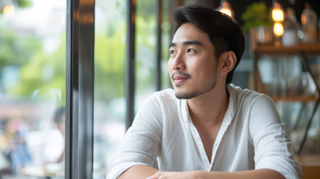 Asian handsome man sitting happily looking out of the window in a cafe. Concept freelance and financial freedom.の素材