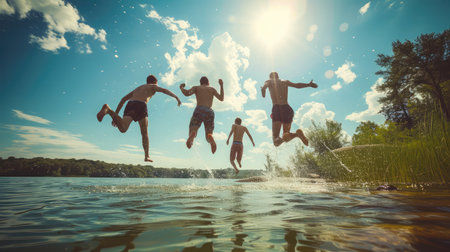 Friends having fun enjoying a summer day swimming and jumping at the lake.の素材