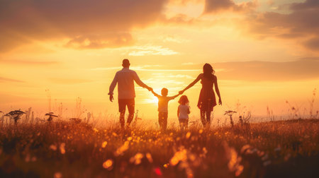 Happy family: mother, father, children son and daughter on nature on sunset --ar 16:9 --v 6 Job ID: 57dbddd1-7267-4813-81d1-afca2c564e78の素材