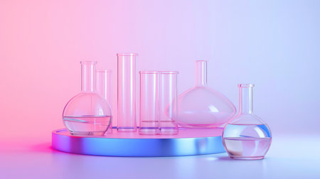 Empty podium glass with glass geometric platform. science laboratory test tubes, chemical laboratory equipment. Research and develop cosmetic in lab.の素材