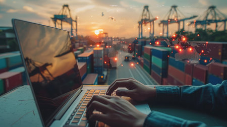 Business and technology digital future of cargo containers logistics transportation import export conceptの素材
