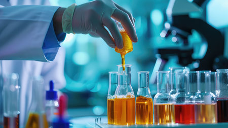 scientist hand dropping chemical liquid into test tube, science research and development conceptの素材