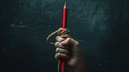 Hand with red pencil tied with rope, depicting the idea of freedom of the press or freedom of expression on dark background in low keyの素材