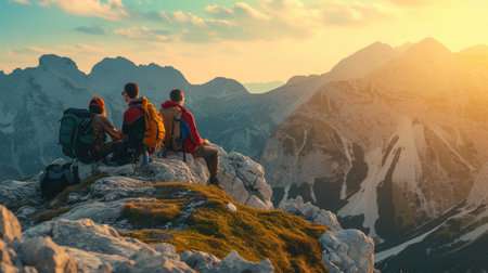 Group of friends sits on the top of mountain and having fun on mountains backdropの素材