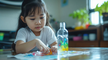 Fun and easy science.5 years old Asian girl making Walking Water experiment.Food color add to the waterの素材