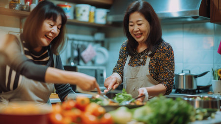 Happy beautiful chinese women friends bonding at home and cooking delicious meal together- Playful asian female adults meeting and having funの素材