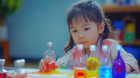 Fun and easy science.5 years old Asian girl making Walking Water experiment.Food color add to the waterの素材
