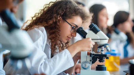Group of college students performing experiment using microscope in science lab. University focused student looking through microscope in biology class.の素材