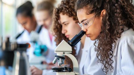 Group of college students performing experiment using microscope in science lab. University focused student looking through microscope in biology class.の素材