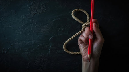 Hand with red pencil tied with rope, depicting the idea of freedom of the press or freedom of expression on dark background in low keyの素材