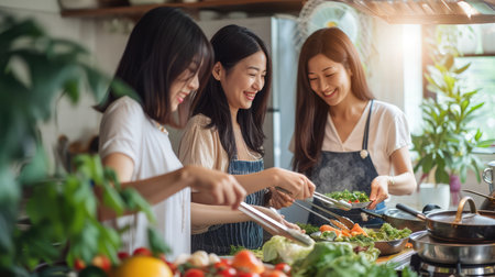 Happy beautiful chinese women friends bonding at home and cooking delicious meal together- Playful asian female adults meeting and having funの素材