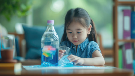 Fun and easy science.5 years old Asian girl making Walking Water experiment.Food color add to the waterの素材