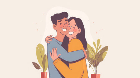 Happy friends who haven't seen each other for long time are hugging during meeting at home. Male and female best friendsの素材