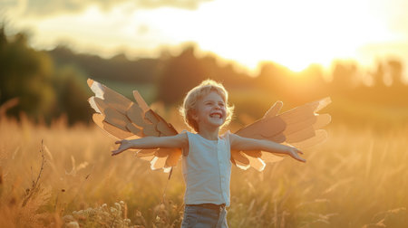 Happy kid playing. Child having fun outdoors. Kid with cardboard wings. Child in summer field. Travel and vacation concept.の素材