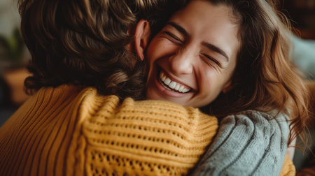 Happy friends who haven't seen each other for long time are hugging during meeting at home. Male and female best friendsの素材